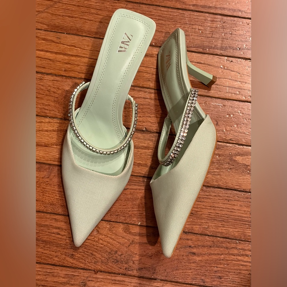 Zara Mint Green Rhinestone-Embellished Pointed Toe Heels
